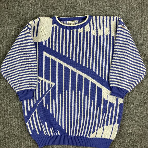 A Benedetto Sweater Mens Medium Blue White Striped Abstract Graphic Pullover - Picture 1 of 7
